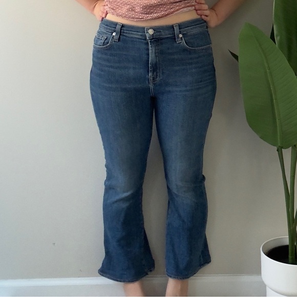 7 For All Mankind High Waist Slim Kick Jeans Dark Blue Wash Flare Jean denim EUC - Picture 1 of 15